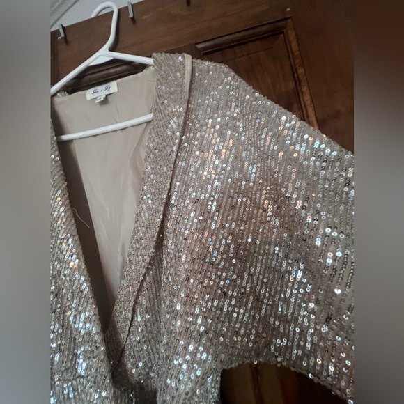 She + Sky Champagne Sequin Romper with Wrap Large - Picture 6 of 15